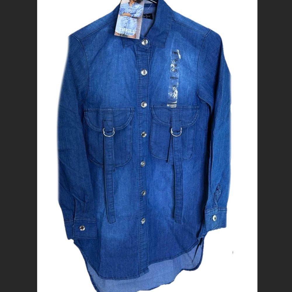 THRILL JEANS TOP STRETCH DENIM DISTRESSED LONG SLEEVES WITH POCKETS BUTTON DOWN